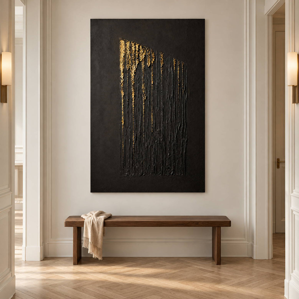 Hand-painted vertical abstract canvas with carved black ridges and gold relief, displayed in a hallway without an outer frame.