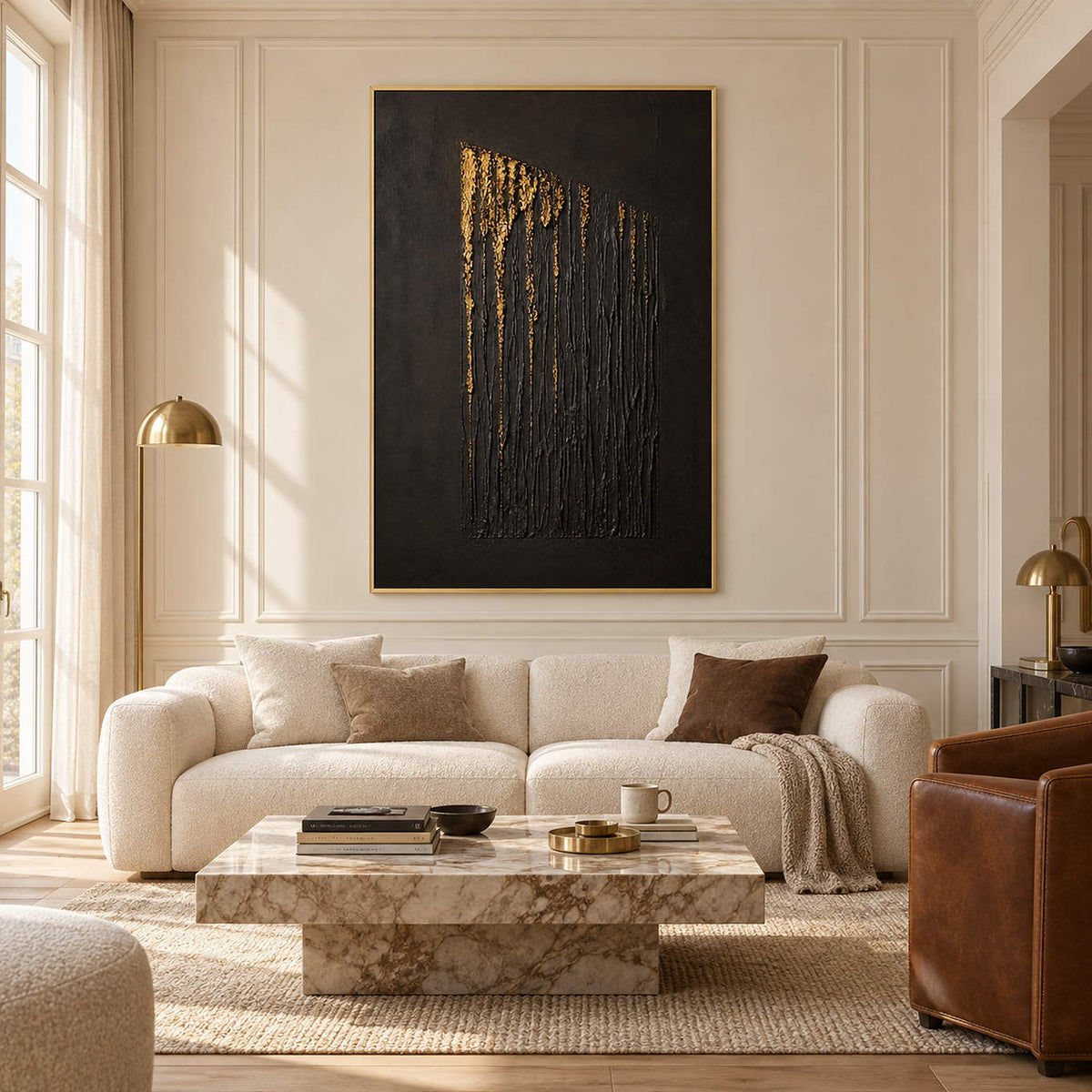 Hand-painted vertical abstract canvas with carved black ridges and gold relief, displayed in a living room in a gold frame.