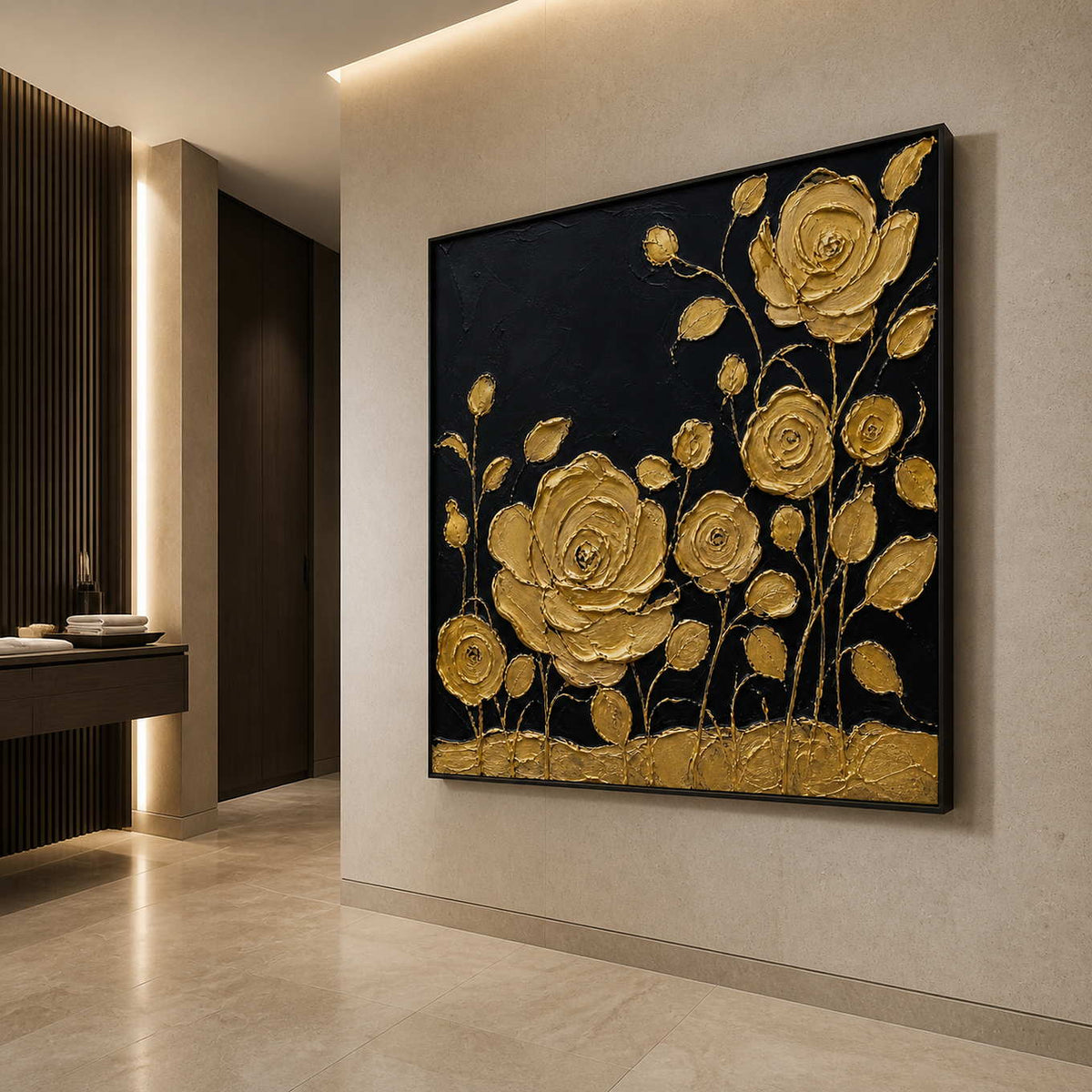 Black and gold textured floral wall art in a modern bathroom setting.