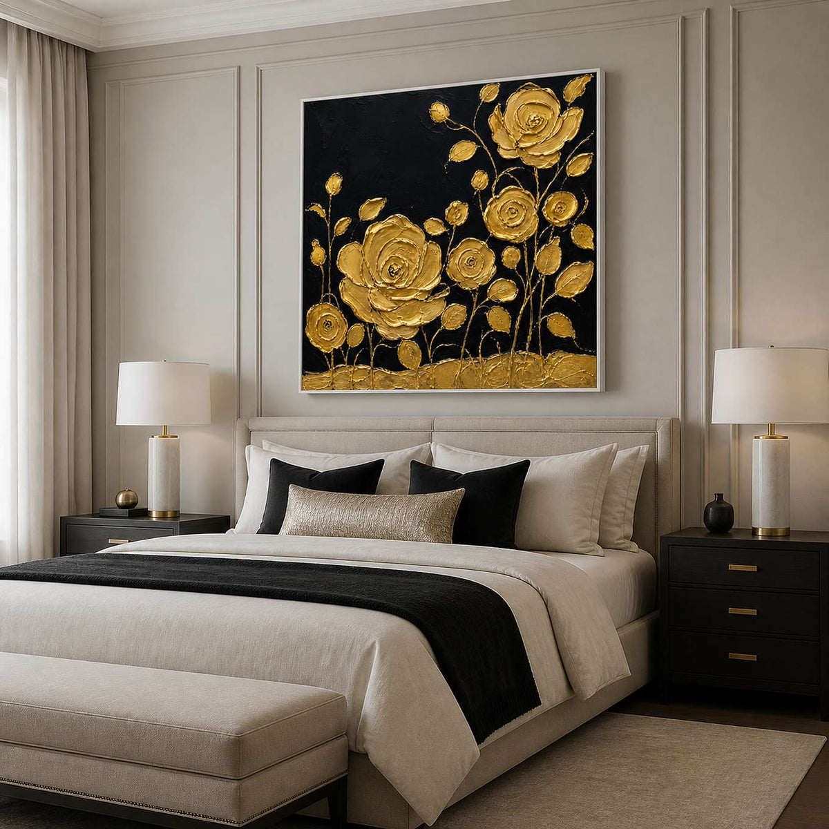 Black and gold rose wall art above a sophisticated bedroom bed.