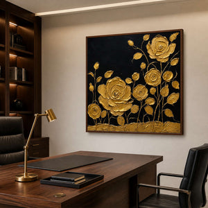 Dramatic gold rose wall art in a private office with a wood frame.
