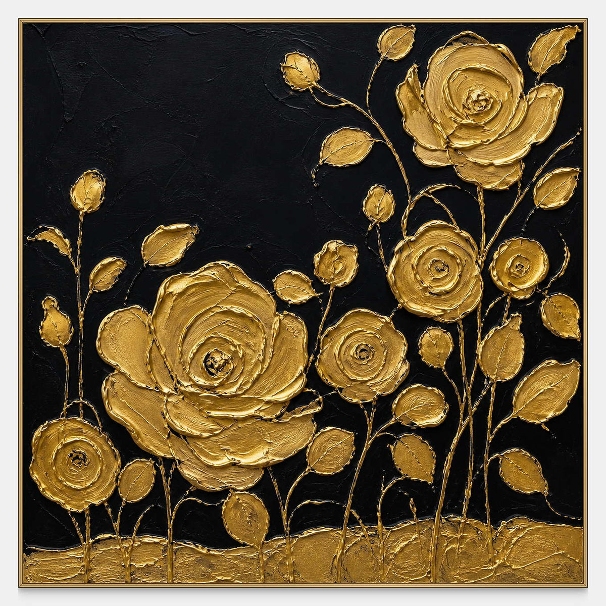 Hand-painted gold rose wall art with raised texture on deep black.