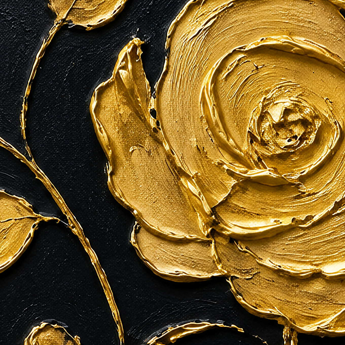 Close-up of thick hand-painted gold rose petals against black texture.