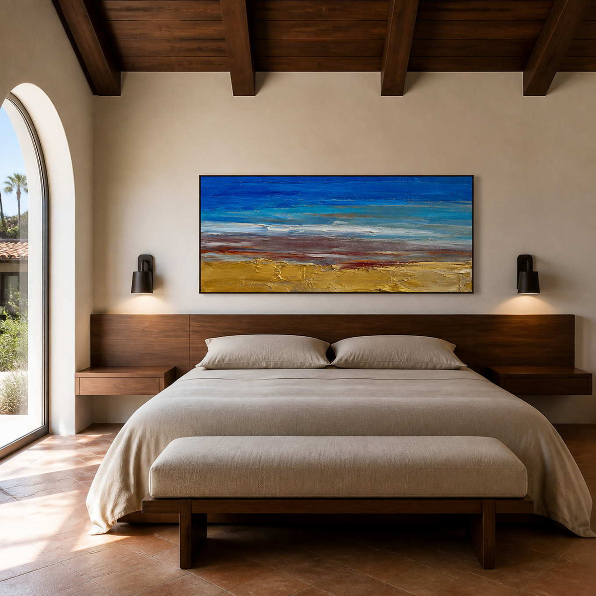 Textured coastal wall art displayed above a serene modern bed.