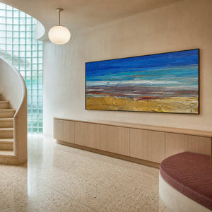 Panoramic blue wall art displayed in a luminous modern entryway.