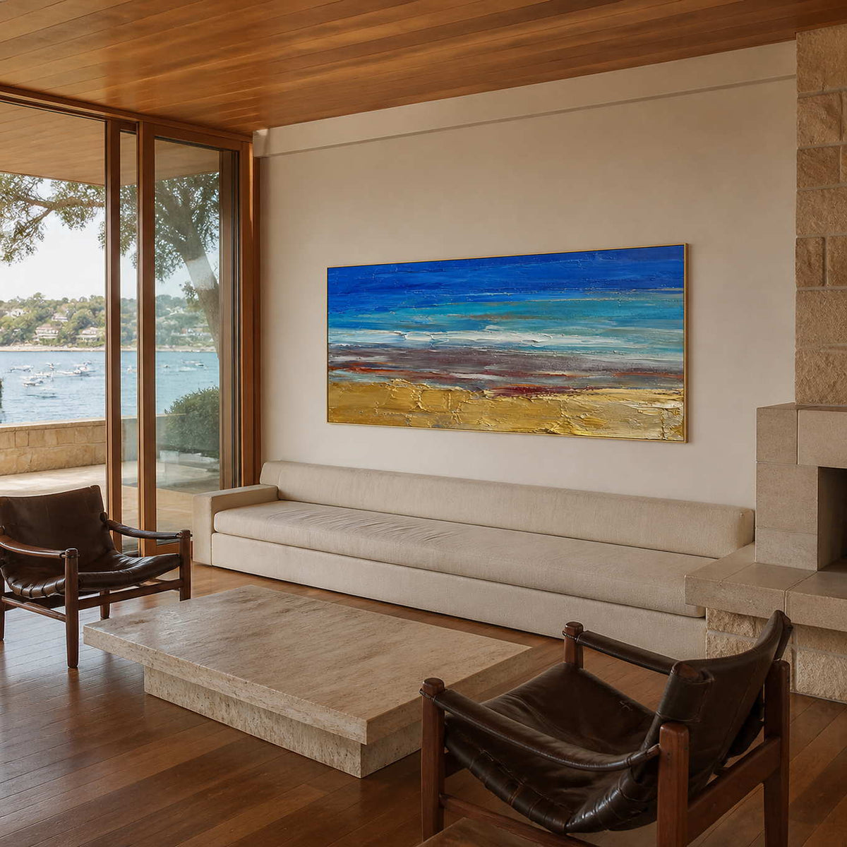 Textured blue coastal wall art displayed in a harbor living room.