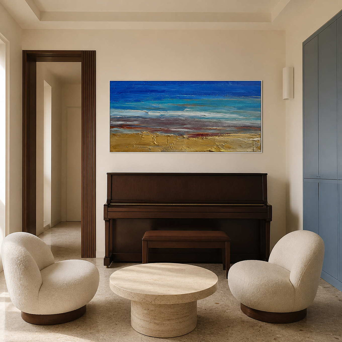 Blue coastal wall art displayed above a dark wood piano.