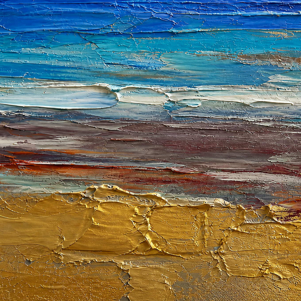 Close-up of cobalt waves and thick metallic gold shoreline texture.
