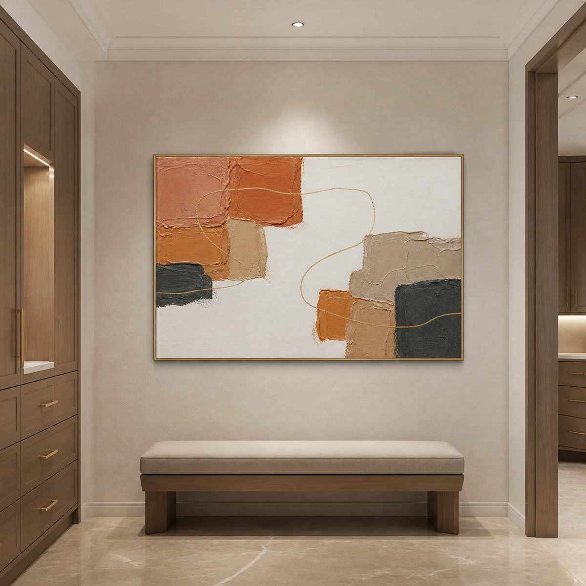 Terracotta abstract wall art displayed in a warm modern bathroom.