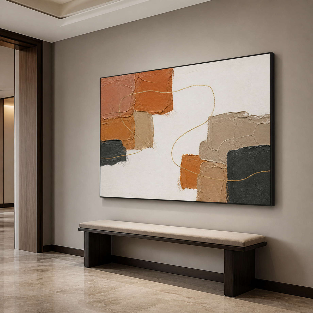 Textured earth tone wall art displayed above a hallway bench.