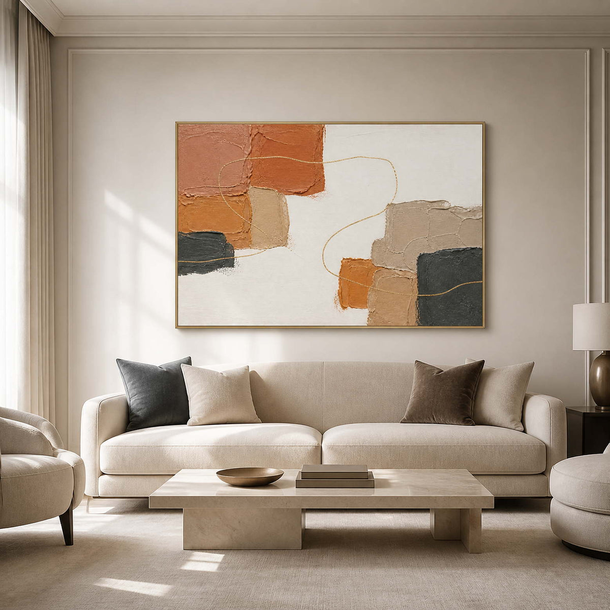 Terracotta and charcoal textured wall art in a modern living room.