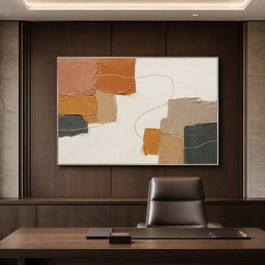 Horizontal warm abstract wall art displayed in a dark wood office.