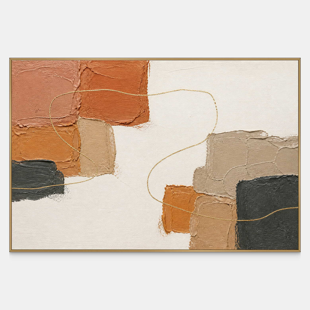 Horizontal abstract wall art with clay, charcoal, taupe, and gold forms.