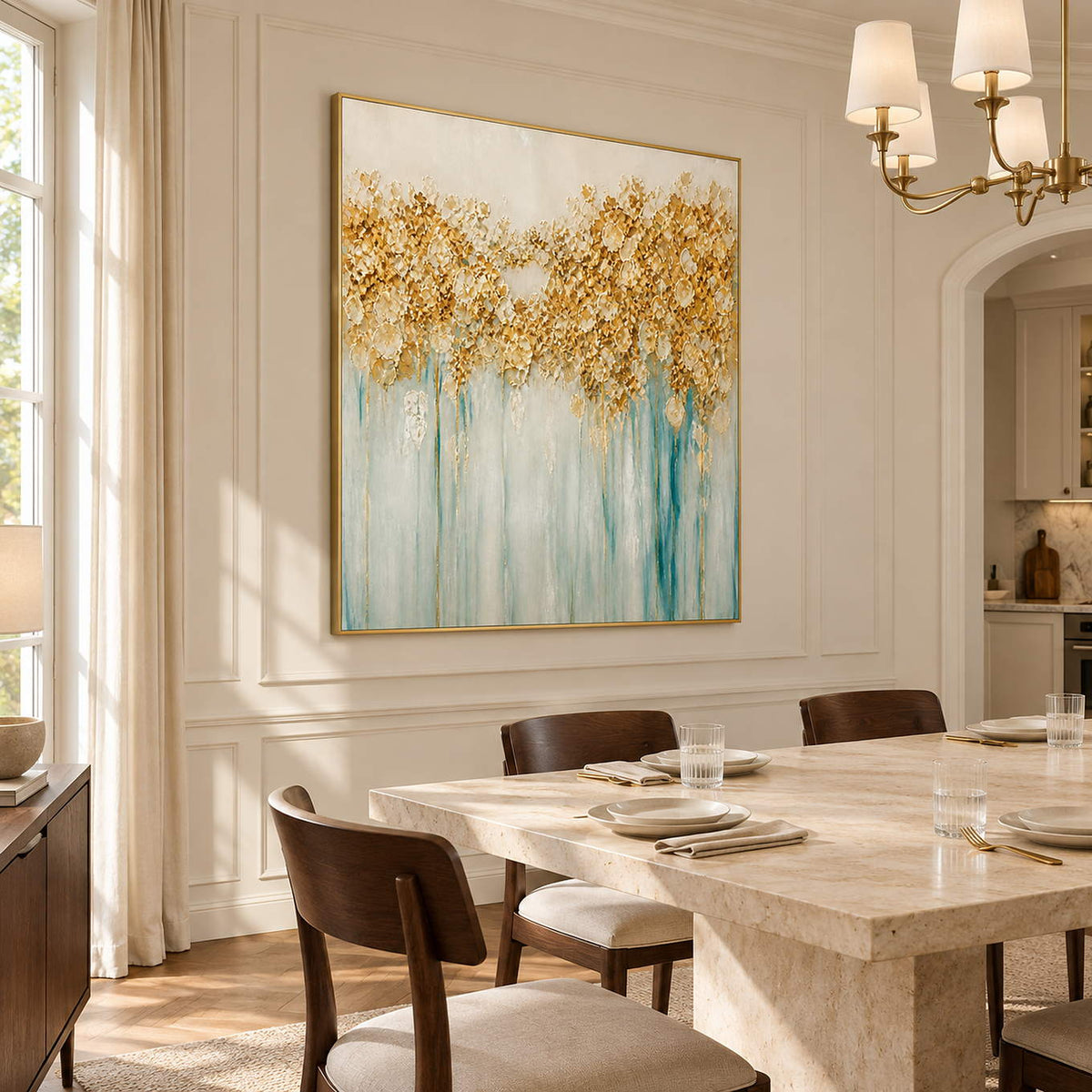 Hand-painted gold blossoms above soft aqua and ivory drips on canvas, displayed in a dining room in a gold frame.