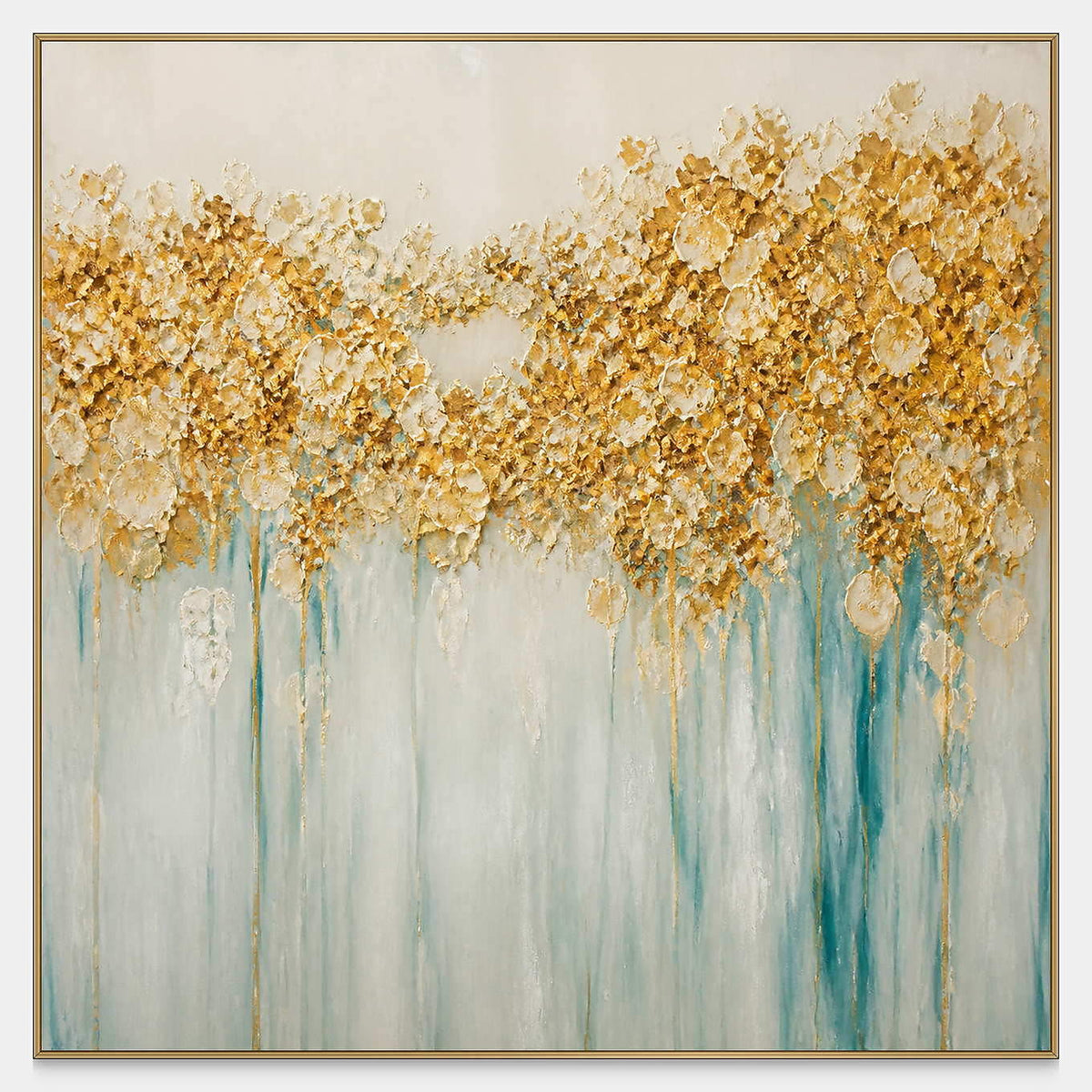 Hand-painted gold blossoms above soft aqua and ivory drips on canvas.