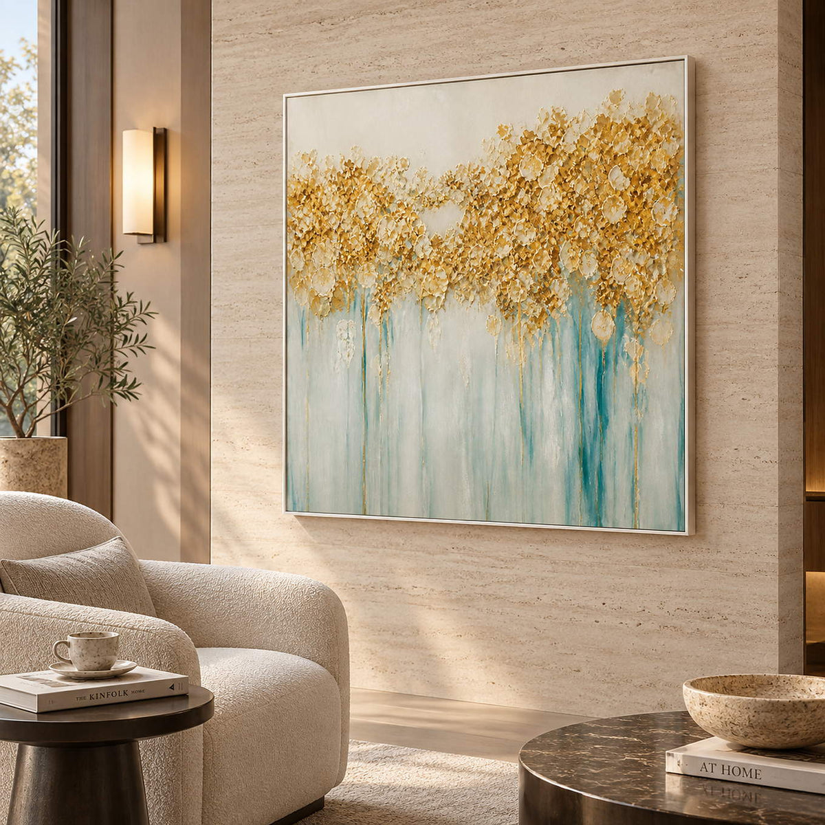 Hand-painted gold blossoms above soft aqua and ivory drips on canvas, displayed in a hotel lounge in a white frame.