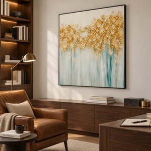 Hand-painted gold blossoms above soft aqua and ivory drips on canvas, displayed in a study in a black frame.