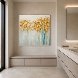 Aqua floral wall art displayed in a pale stone bathroom vanity area.