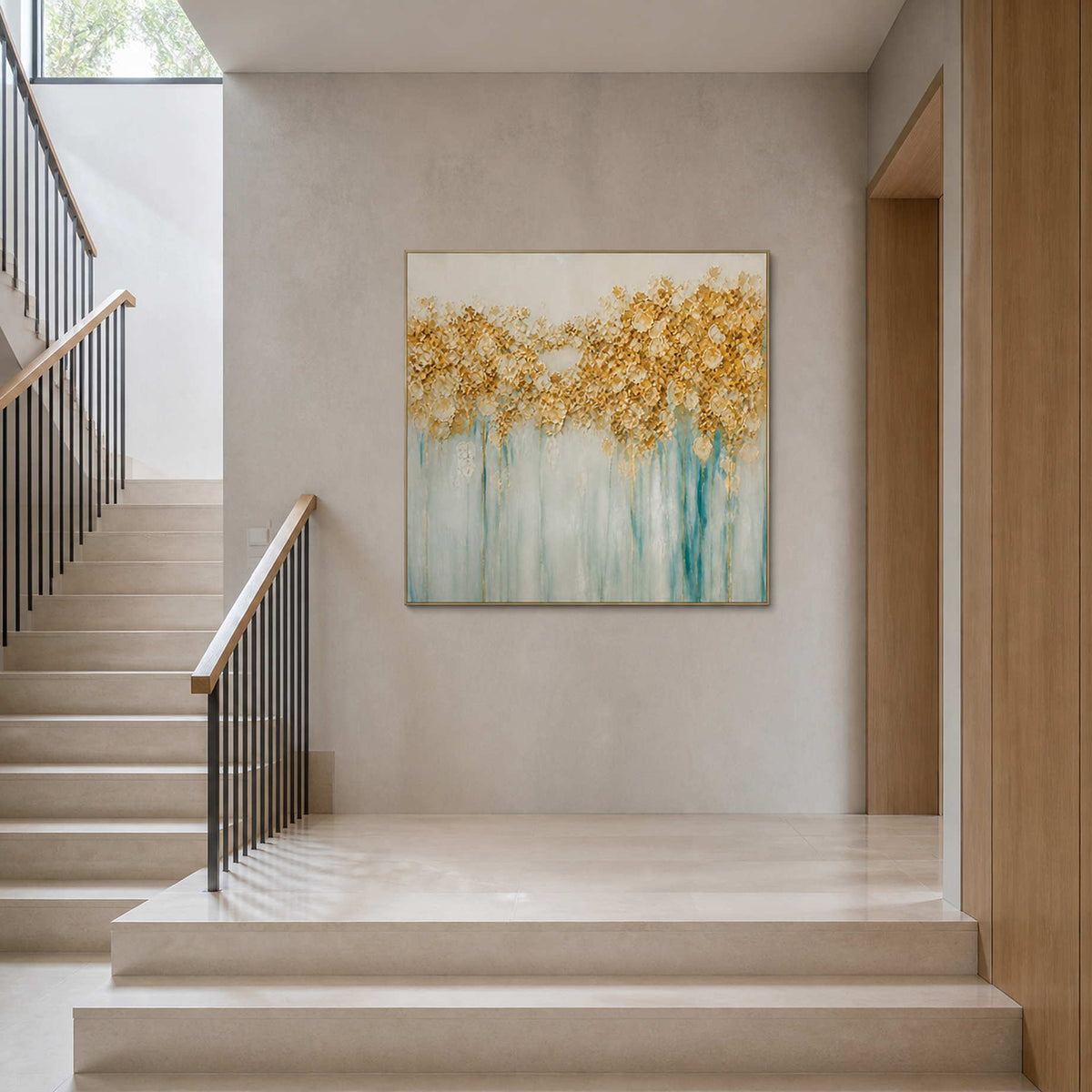 Square textured floral wall art viewed in a pale stone stair hall.