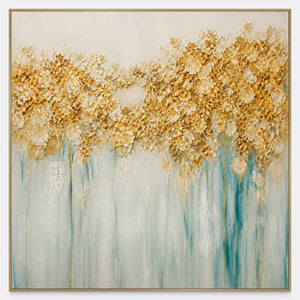 Hand-painted gold blossoms above soft aqua and ivory drips on canvas.