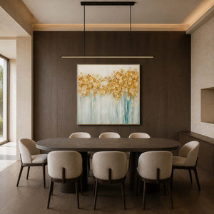 Textured gold floral artwork displayed in a deep walnut dining room.