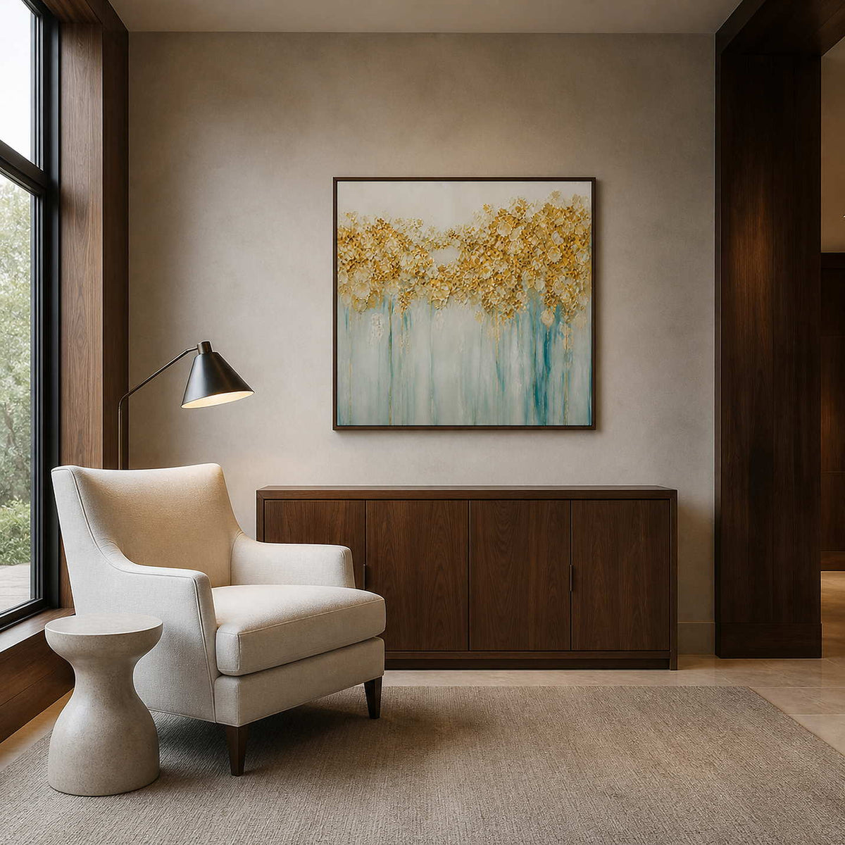 Golden blossom artwork displayed in a warm walnut reading room.