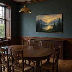 Textured mountain landscape displayed in an Edinburgh Arts and Crafts dining room.