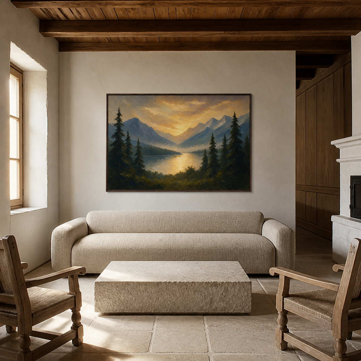 Golden mountain lake landscape displayed in a renovated Engadin living room.