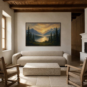Golden mountain lake landscape displayed in a renovated Engadin living room.