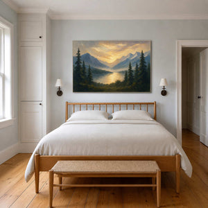 Serene mountain landscape styled above a Hudson Valley farmhouse bedroom.