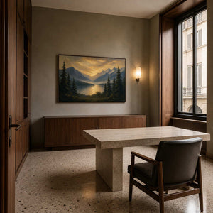 Golden mountain lake wall art displayed in a Milan inspired home office.