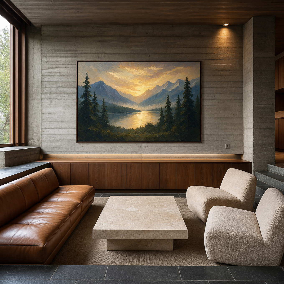Golden mountain valley wall art displayed in a Montreal reading lounge.