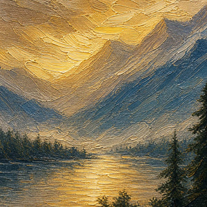 Close-up of golden sky, blue mountain, lake, and evergreen hand-painted texture.