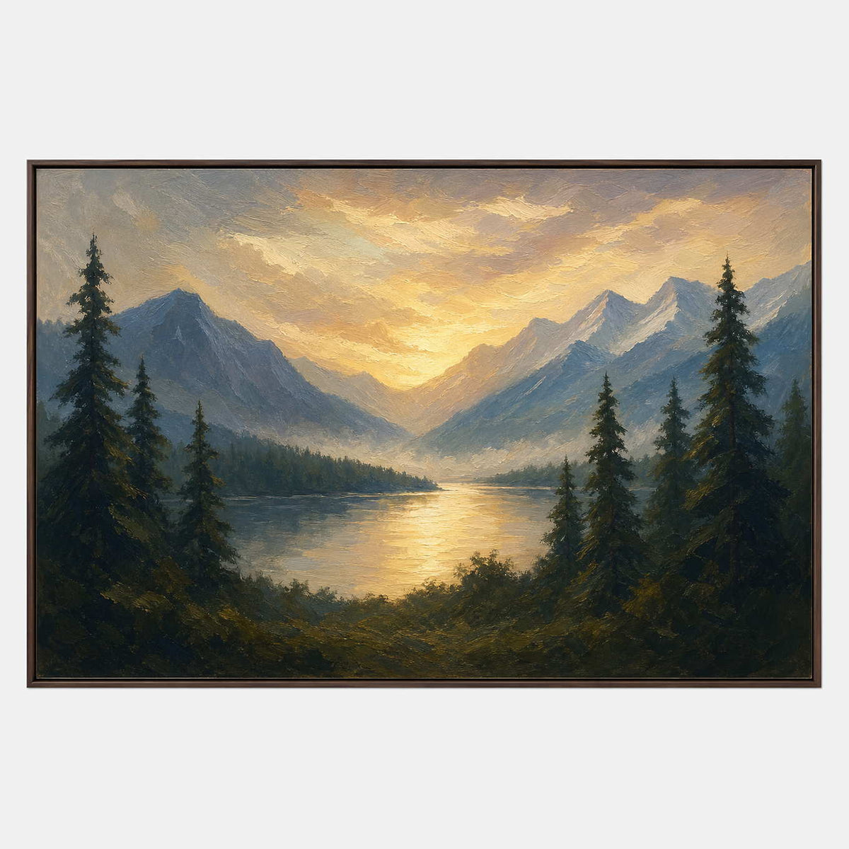 Hand-painted mountain valley landscape with a golden sky, blue ridges, lake, and evergreens.