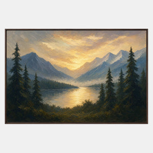 Hand-painted mountain valley landscape with a golden sky, blue ridges, lake, and evergreens.