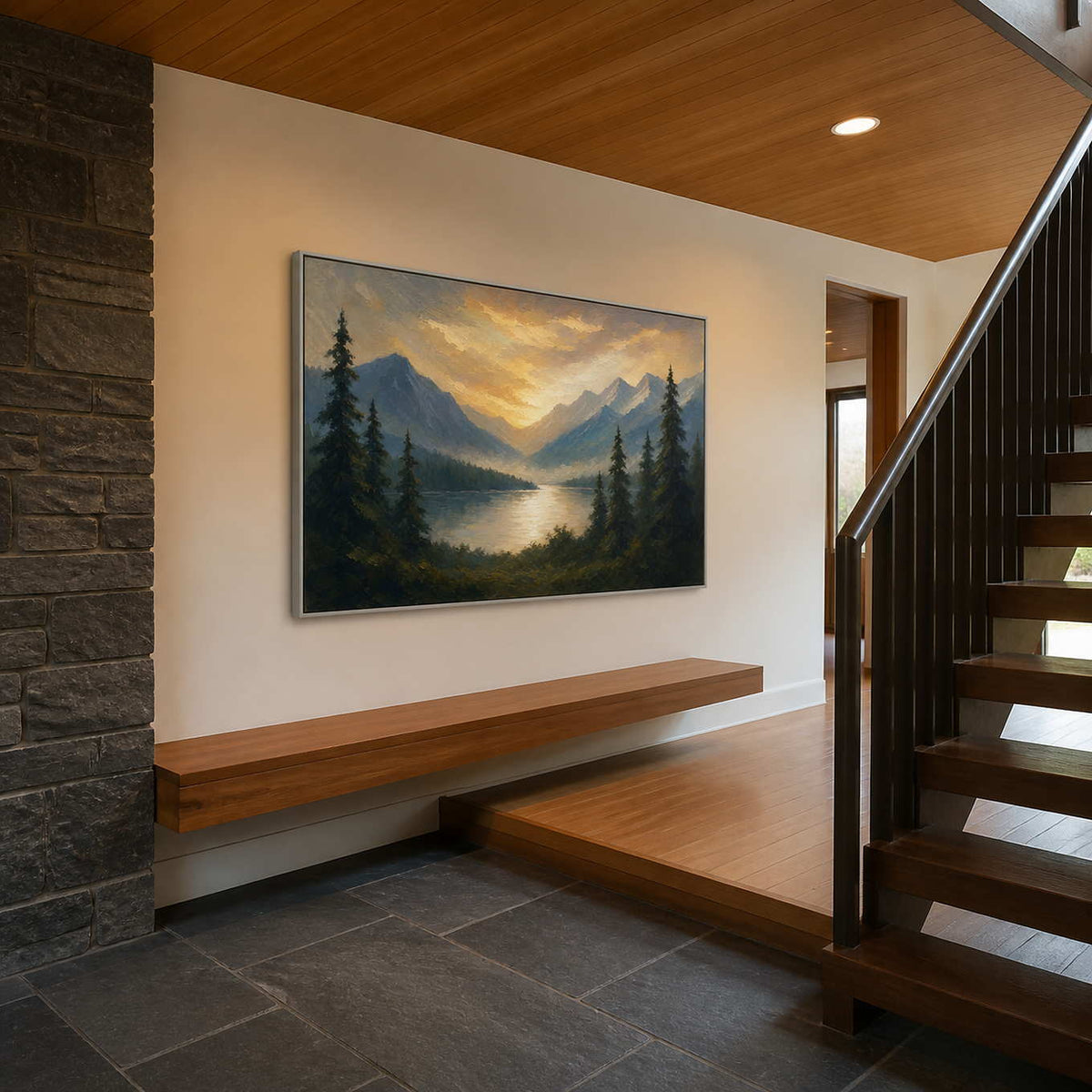 Blue and gold mountain lake artwork displayed in a Vancouver entryway.