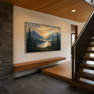 Blue and gold mountain lake artwork displayed in a Vancouver entryway.