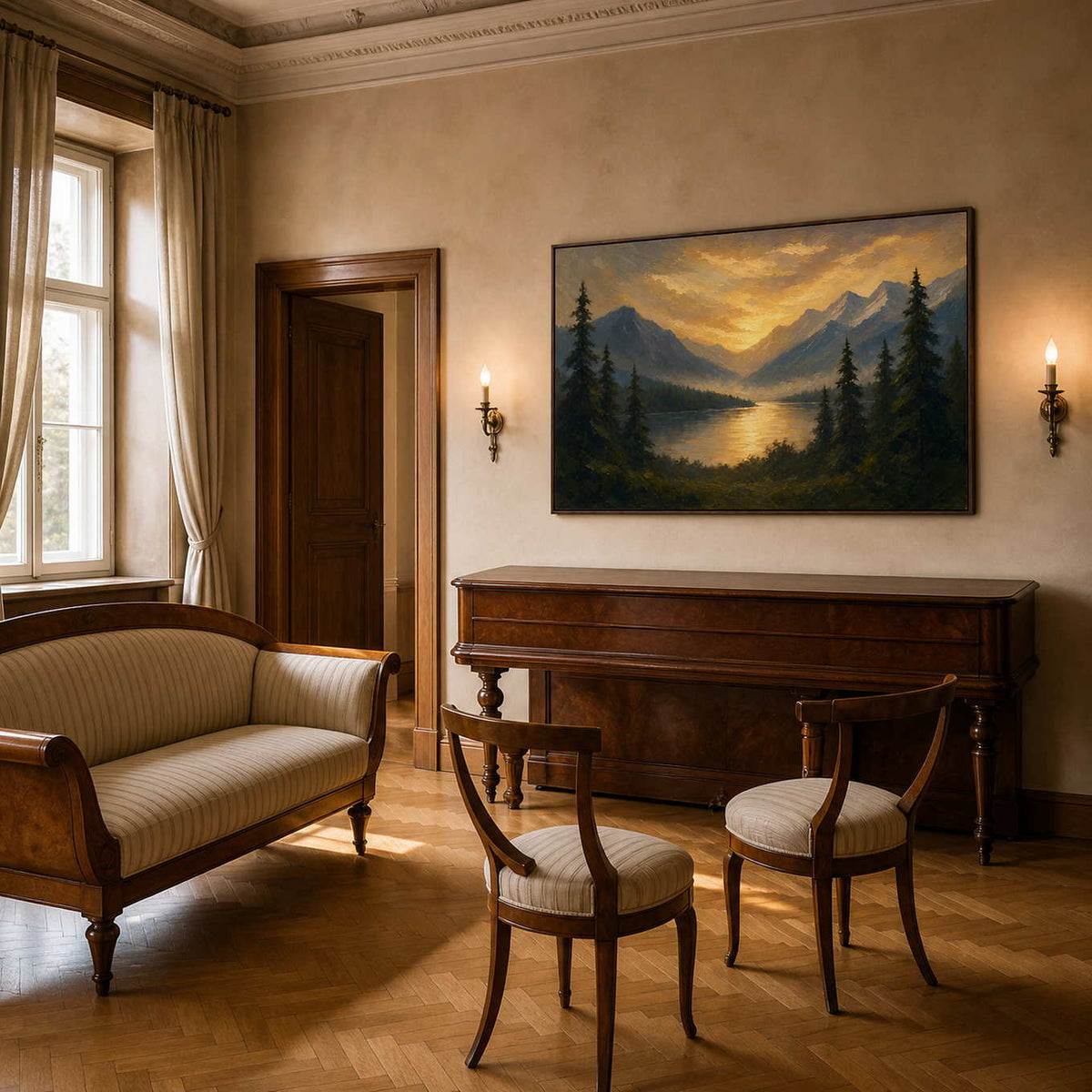 Textured alpine landscape displayed in a Vienna inspired private music room.