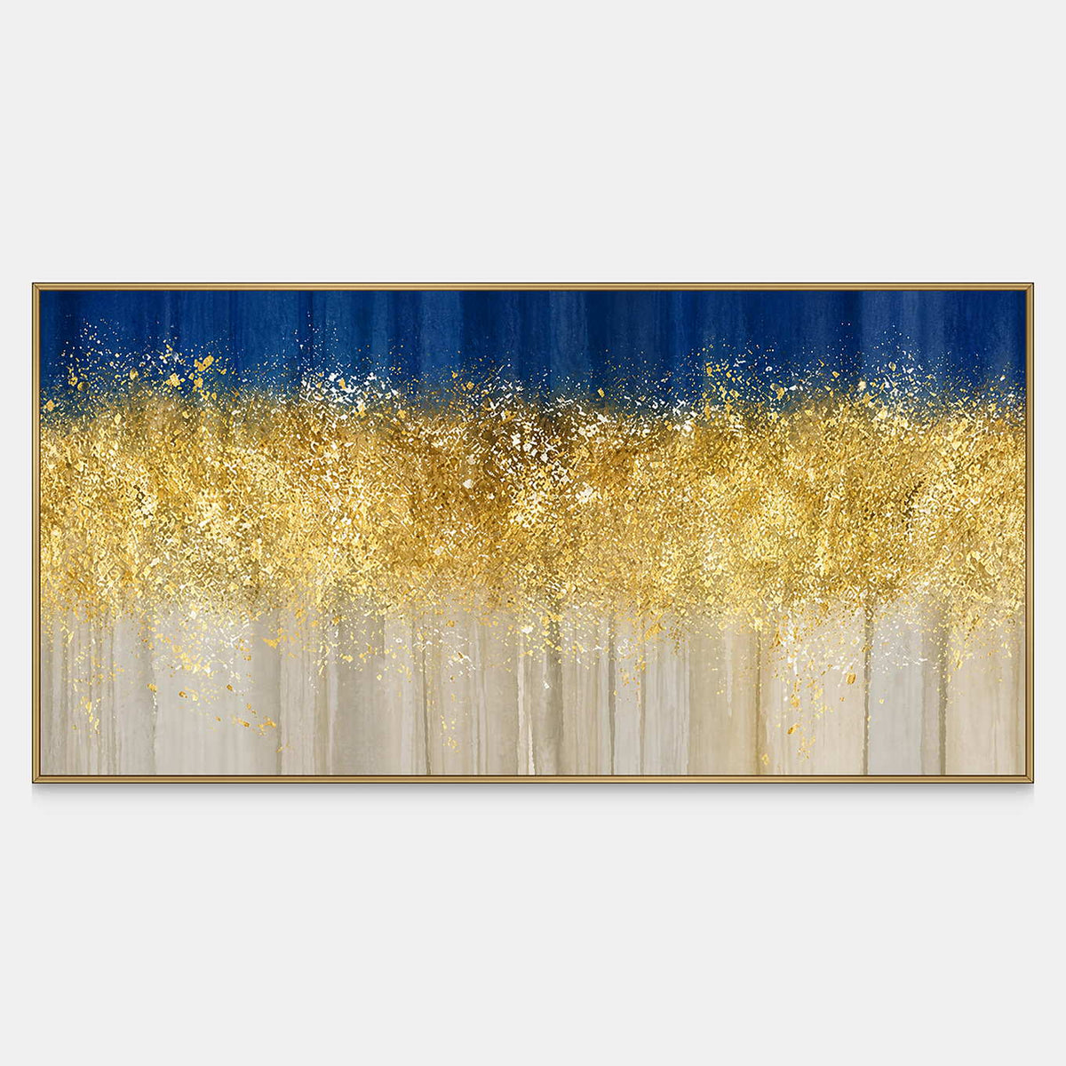 A broad gold toned band spreads between deep blue and pale cream with falling traces.