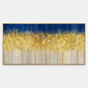 A broad gold toned band spreads between deep blue and pale cream with falling traces.