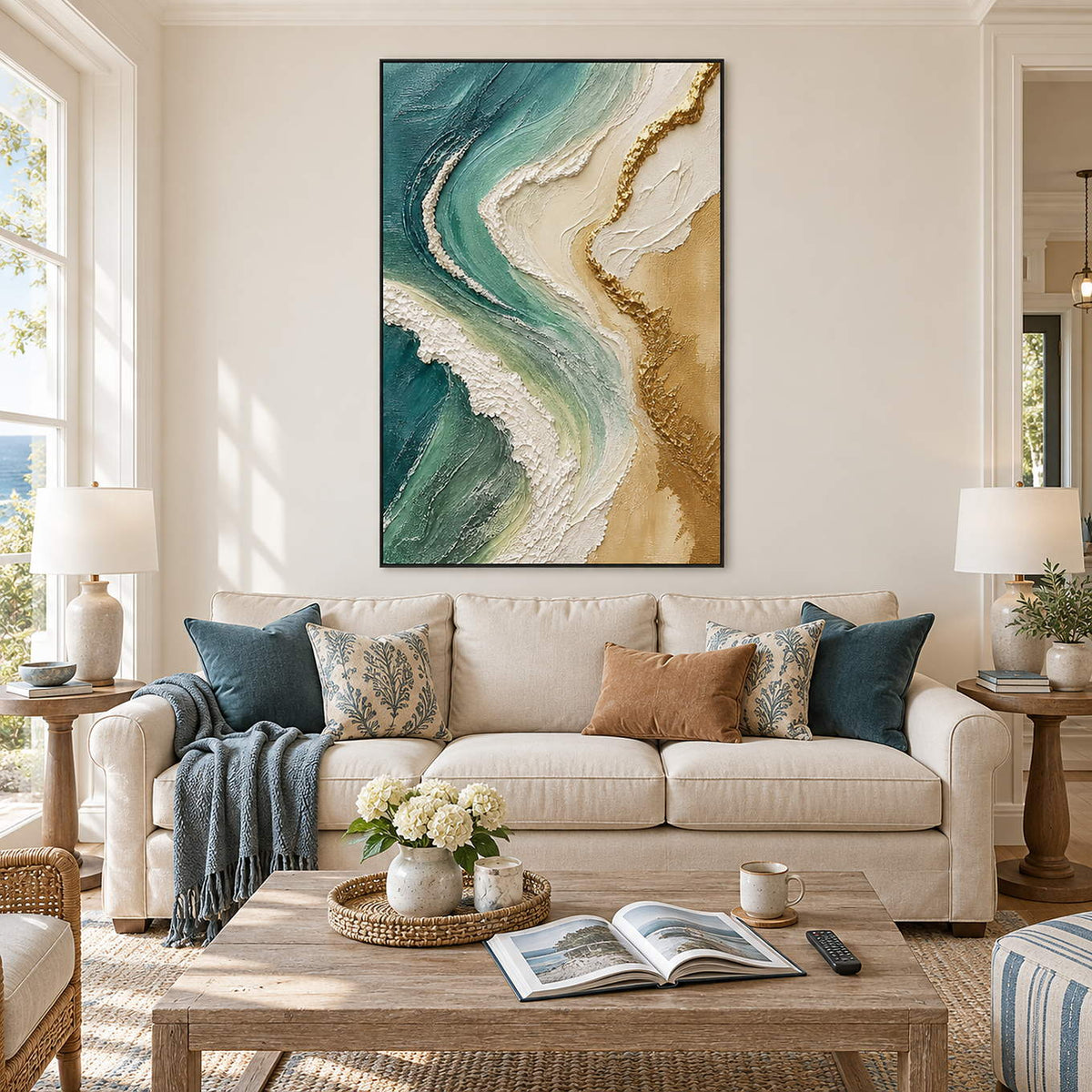 Emerald coastal relief painting with ivory surf and gold shoreline bands in a black frame in a living room.