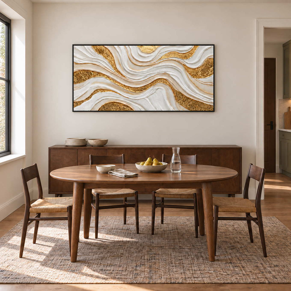 Golden Years in a black frame above a wood sideboard behind a round dining table and woven-seat chairs.