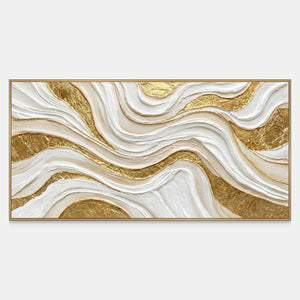 Front view of Golden Years, a panoramic abstract painting of flowing white and cream bands over textured gold tones.