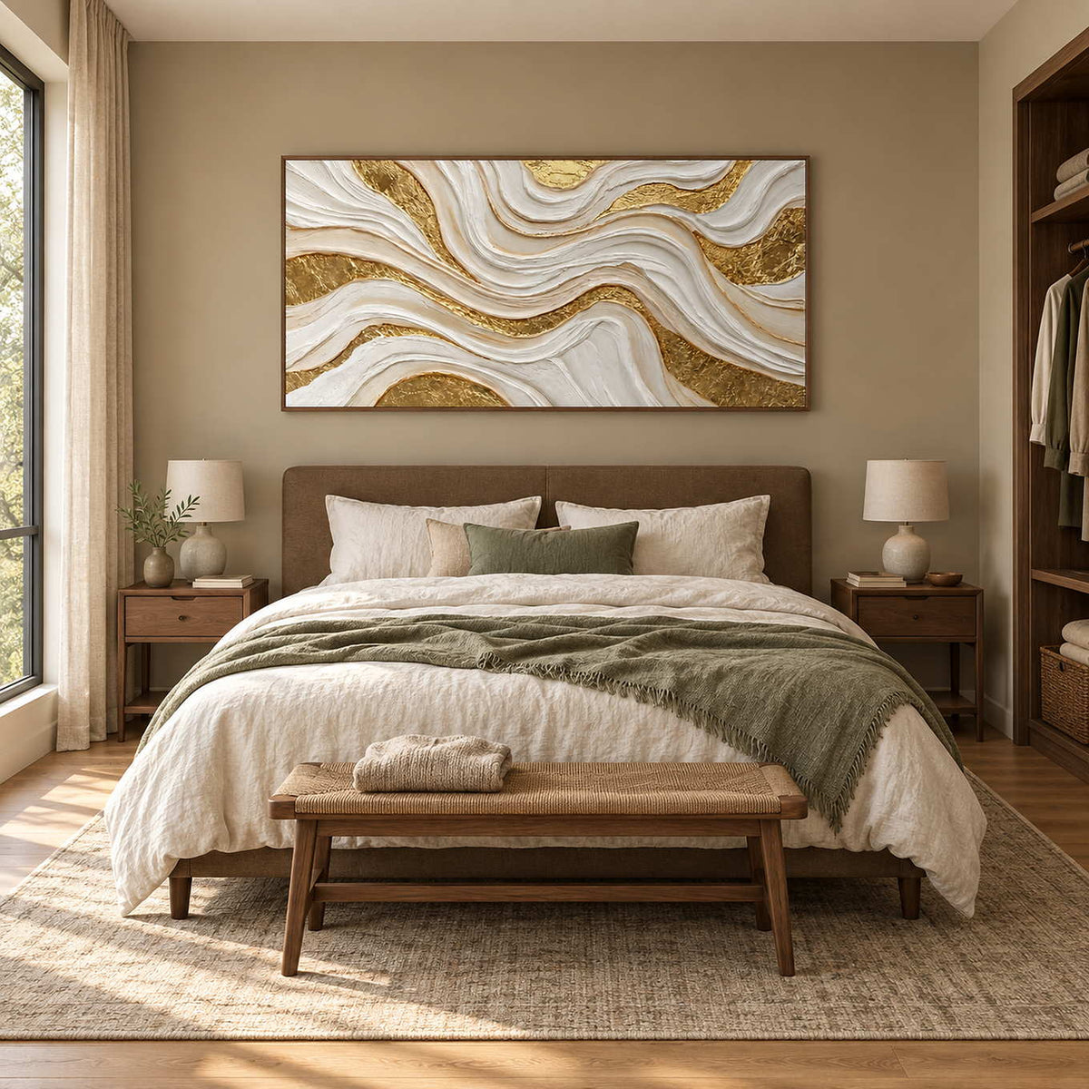 Golden Years in a wood frame above a neutral bed with an olive throw and a bench at its foot.