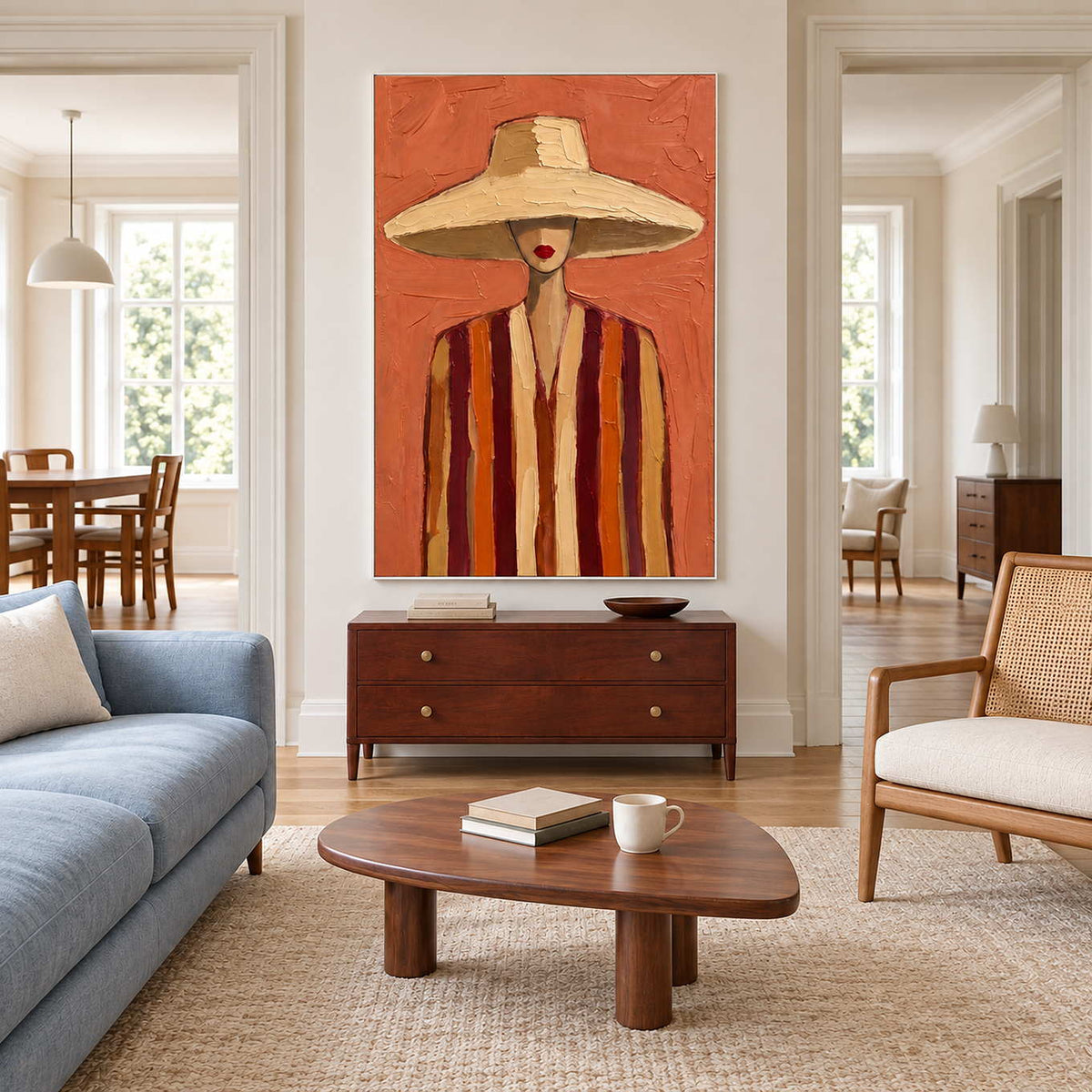 Coral hat portrait above a dark chest in a living room with a blue sofa.