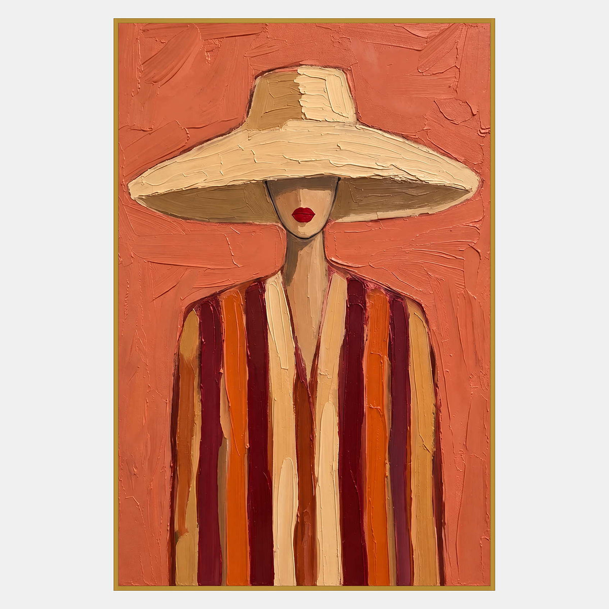 Tall portrait of a red-lipped figure with a broad cream hat and burgundy-orange striped clothing on coral.