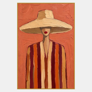 Tall portrait of a red-lipped figure with a broad cream hat and burgundy-orange striped clothing on coral.