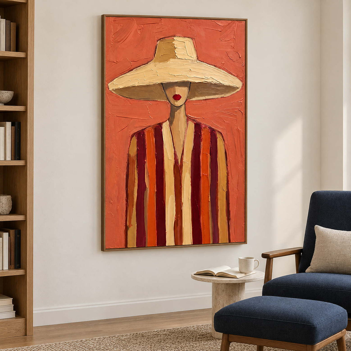 Tall coral portrait beside a navy reading chair and a small pale side table.