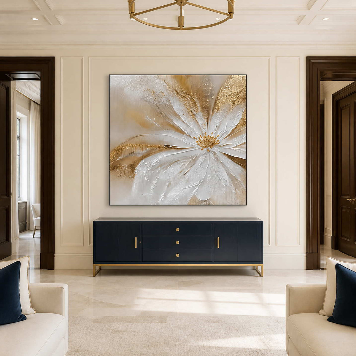Grace in Bloom in a black frame above a navy cabinet in a formal living room with pale seating.