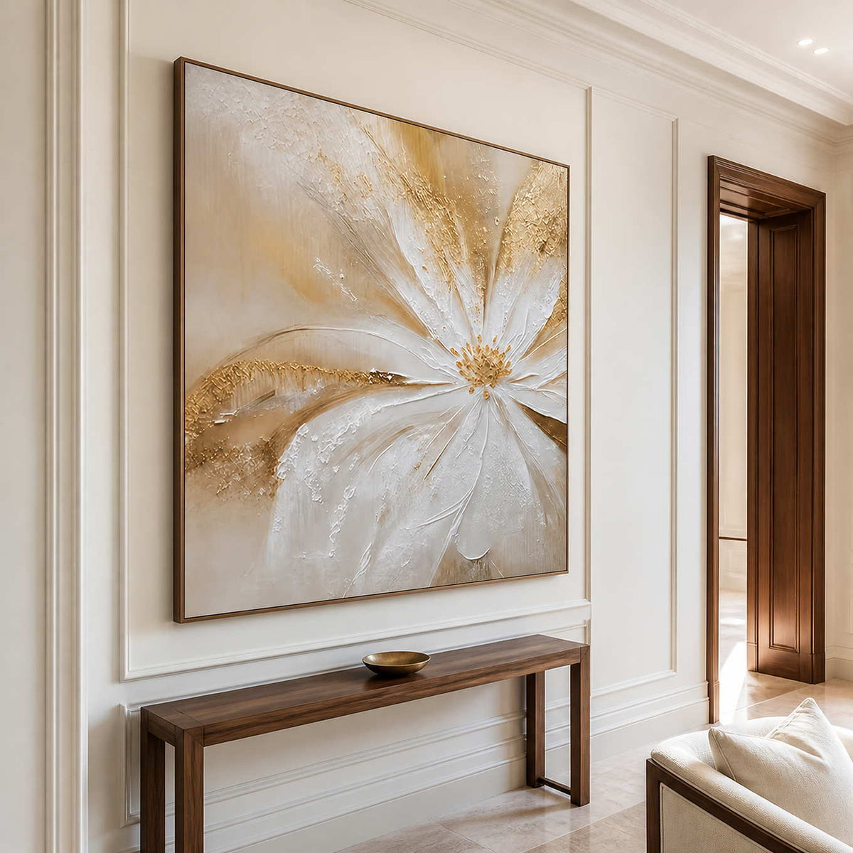 Wood-framed Grace in Bloom above a slim console in a bright paneled reception hall.
